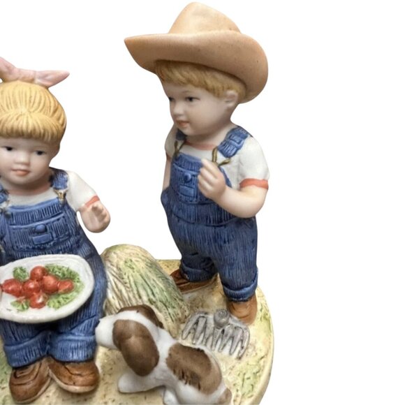 Homco 1985 Denim Days Debbie Danny Puppy Dog Apples Porcelain Figurine - Picture 5 of 6